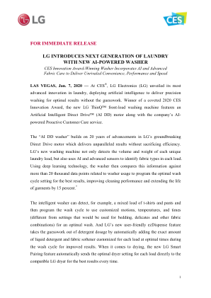 CES 创新奖获奖洗衣机融合人工智能和先进织物护理技术，带来无与伦比的便利性、性能和速度